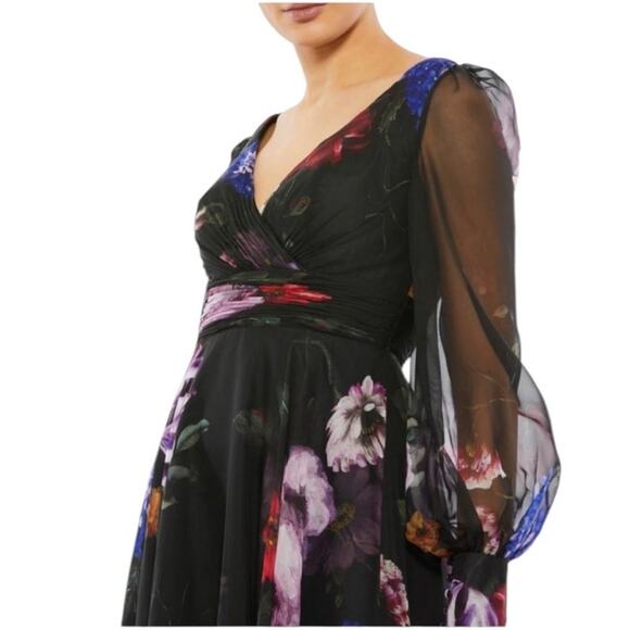 Mac Duggal NEW Size 8 67872 Black Chiffon Bishop Sleeve Floral Print Gown Dress - Picture 2 of 11